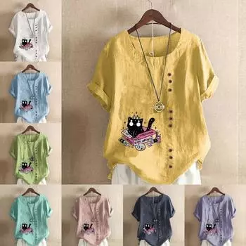 Женская модная футболка с круглым вырезом и коротким рукавом, повседневная хлопковая льняная рубашка с рисунком, свободная летняя блузка с принтом черного кота, топы для отдыха, большие размеры S розовый