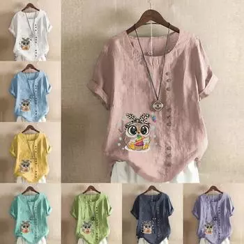 Женская модная футболка с круглым вырезом и коротким рукавом с принтом птиц, повседневная хлопковая льняная рубашка с рисунком, свободная летняя блузка для отдыха, топы больших размеров S розовый