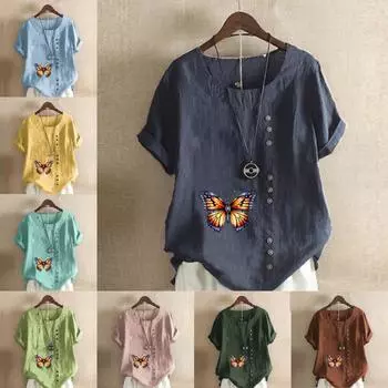 Женская модная футболка с круглым вырезом и коротким рукавом с принтом бабочки, повседневная хлопково-льняная рубашка с рисунком, свободная летняя блузка для отдыха, топы S розовый