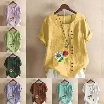 Женская модная футболка с круглым вырезом и коротким рукавом, повседневная хлопковая льняная рубашка с графическим принтом, свободная летняя блузка с цветочным принтом, топы S розовый