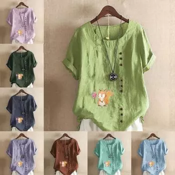 Женская модная футболка с круглым вырезом и коротким рукавом с принтом белки, повседневная рубашка из хлопка и льна с рисунком, свободная летняя блузка для отдыха, топы S розовый