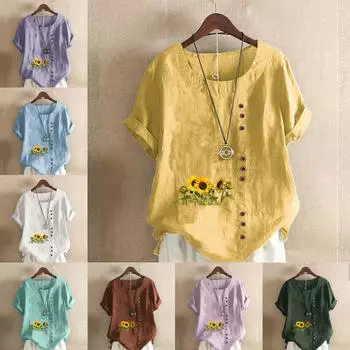 Женская модная футболка с круглым вырезом и коротким рукавом, повседневная хлопково-льняная рубашка с рисунком, летняя блузка с цветочным принтом, топы, большие размеры S розовый