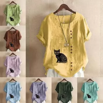 Женская модная футболка с круглым вырезом и короткими рукавами с принтом «черный кот», повседневная хлопково-льняная рубашка с рисунком, свободная летняя блузка для отдыха, топы S розовый