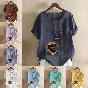 Женская модная футболка с круглым вырезом и коротким рукавом, повседневная хлопковая льняная рубашка с рисунком, летняя блузка с принтом кота, топы S розовый