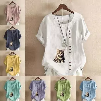 Женская модная футболка с круглым вырезом и коротким рукавом, повседневная хлопково-льняная рубашка с рисунком, свободная летняя блузка с принтом кота для отдыха, топы S розовый