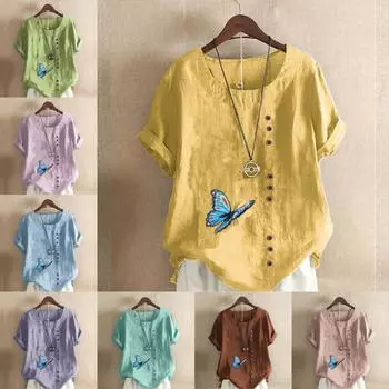 Женская модная футболка с круглым вырезом и коротким рукавом с принтом бабочки, повседневная хлопково-льняная рубашка с рисунком, свободная летняя блузка для отдыха, топы S розовый