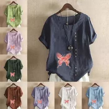 Женская модная футболка с круглым вырезом и коротким рукавом, повседневная хлопково-льняная рубашка с рисунком, летняя блузка с принтом бабочек, топы, большие размеры S розовый