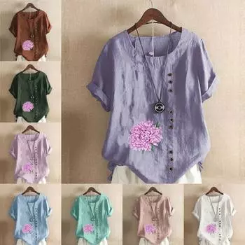 Женская модная футболка с круглым вырезом и коротким рукавом, повседневная хлопковая льняная рубашка с рисунком, свободная летняя блузка с цветочным принтом для отдыха, топы S розовый