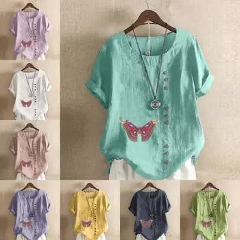 Женская модная футболка с круглым вырезом и коротким рукавом с принтом бабочки, повседневная хлопково-льняная рубашка с рисунком, свободная летняя блузка для отдыха, топы S розовый