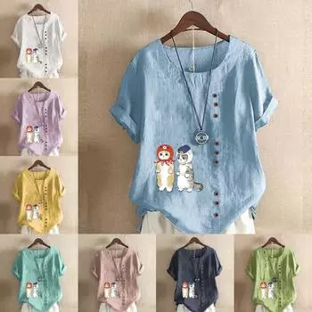 Женская модная футболка с круглым вырезом и коротким рукавом с принтом кошки, повседневная хлопково-льняная рубашка с рисунком, свободная летняя блузка для отдыха, топы больших размеров S розовый