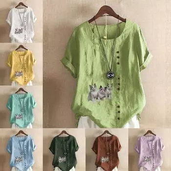 Женская модная футболка с круглым вырезом и короткими рукавами с принтом кошек, повседневная хлопково-льняная рубашка с рисунком, свободная летняя блузка для отдыха, топы S розовый