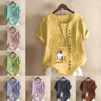 Женская модная футболка с круглым вырезом и принтом кота, повседневная хлопково-льняная рубашка с рисунком, свободная летняя блузка для отдыха, топы S розовый