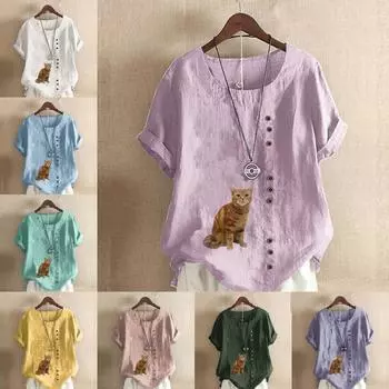 Женская модная футболка с круглым вырезом и коротким рукавом, повседневная хлопково-льняная рубашка с рисунком, свободная летняя блузка с принтом кота для отдыха, топы S розовый