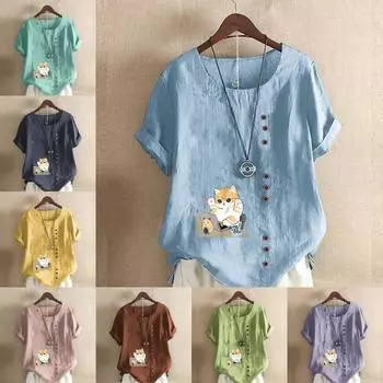 Женская модная футболка с круглым вырезом и коротким рукавом, повседневная хлопковая льняная рубашка с рисунком, свободная летняя блузка с милым мультяшным котом для отдыха, топы S розовый