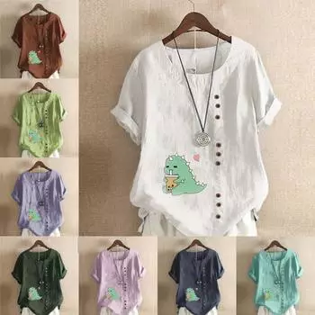 Женская модная футболка с круглым вырезом и коротким рукавом с принтом в виде милого динозавра, повседневная рубашка из хлопка и льна с графическим принтом, свободная летняя блузка для отдыха, топы S розовый