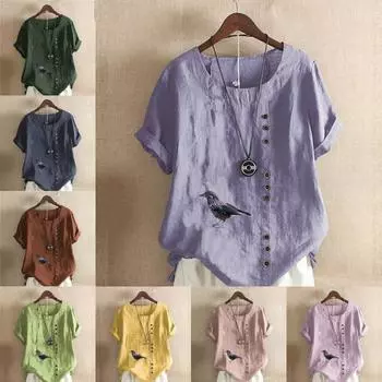 Женская модная футболка с круглым вырезом и коротким рукавом, повседневная рубашка из хлопка и льна с рисунком, свободная летняя блузка с принтом воронья, топы S розовый