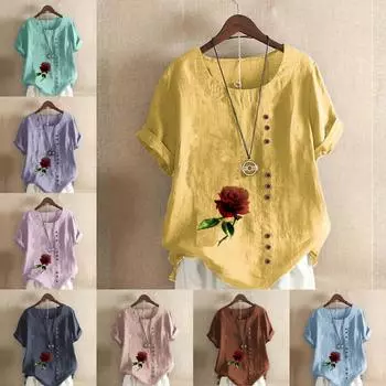 Женская модная футболка с круглым вырезом и коротким рукавом, повседневная рубашка из хлопка и льна с рисунком, свободная летняя блузка с принтом роз, топы S розовый