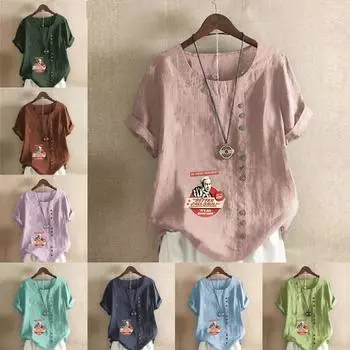 Женская модная футболка с круглым вырезом и коротким рукавом, повседневная хлопковая льняная рубашка с графическим узором, летняя блузка, топы больших размеров S розовый