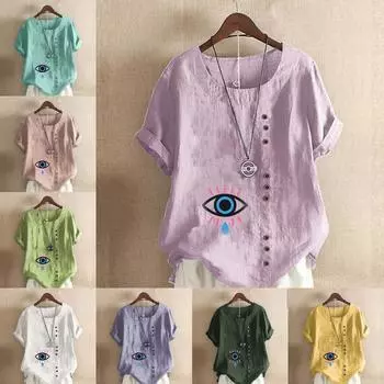 Женская модная футболка с круглым вырезом и коротким рукавом с принтом «Большие глаза», повседневная рубашка из хлопка и льна с рисунком, свободная летняя блузка для отдыха, топы S розовый