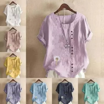 Женская модная футболка с круглым вырезом и коротким рукавом, повседневная хлопковая льняная рубашка с рисунком, свободная летняя блузка с принтом одуванчика для отдыха, топы S розовый