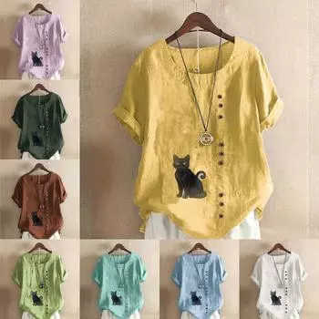 Женская модная футболка с круглым вырезом и коротким рукавом, повседневная рубашка из хлопка и льна с рисунком, свободная черная блузка с принтом «кошка», топы S розовый