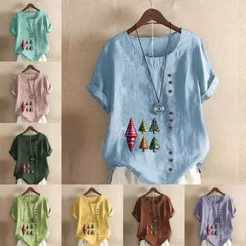 Женская модная футболка с круглым вырезом и коротким рукавом, повседневная хлопковая льняная рубашка с рисунком, свободная летняя блузка с принтом для отдыха, рождественские украшения, топы S розовый