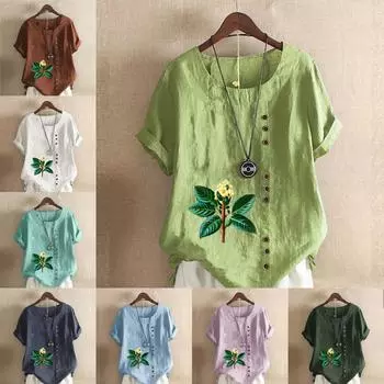 Женская модная футболка с круглым вырезом и коротким рукавом с принтом листьев, повседневная рубашка из хлопка и льна с рисунком, свободная летняя блузка, топы больших размеров S розовый