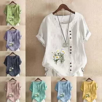 Женская модная футболка с круглым вырезом и коротким рукавом с принтом хризантемы, повседневная рубашка из хлопка и льна с рисунком, свободная летняя блузка для отдыха, топы S розовый