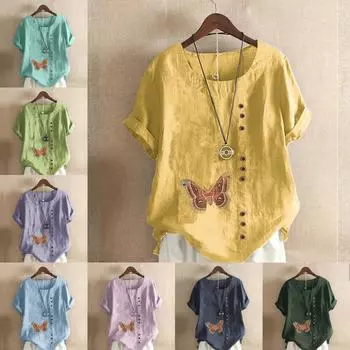 Женская модная футболка с круглым вырезом и коротким рукавом с принтом бабочки, повседневная хлопково-льняная рубашка с рисунком, свободная летняя блузка для отдыха, топы S розовый