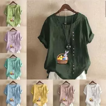 Женская модная футболка с круглым вырезом и коротким рукавом с принтом кролика, повседневная хлопково-льняная рубашка с рисунком, свободная летняя блузка для отдыха, топы S розовый