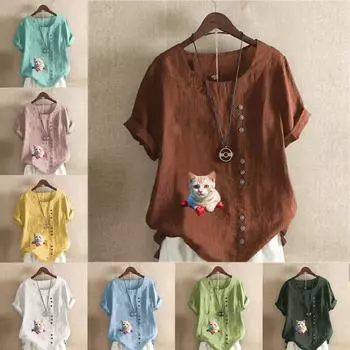 Женская модная футболка с круглым вырезом и коротким рукавом, повседневная хлопково-льняная рубашка с рисунком, свободная летняя блузка с принтом кота для отдыха, топы S розовый