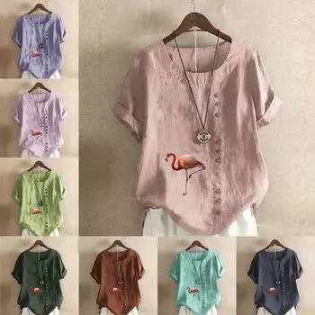 Женская модная футболка с круглым вырезом и коротким рукавом, повседневная хлопковая льняная рубашка с рисунком, летняя блузка с принтом журавля с красной короной, топы больших размеров S розовый