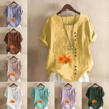 Женская модная футболка с круглым вырезом и коротким рукавом, повседневная хлопковая льняная рубашка с рисунком, свободная летняя блузка с цветочным принтом для отдыха, топы S розовый