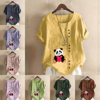 Женская модная футболка с круглым вырезом и коротким рукавом, повседневная рубашка из хлопка и льна с рисунком, свободная летняя блузка с принтом панды, топы S розовый