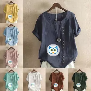 Женская модная футболка с круглым вырезом и коротким рукавом, повседневная рубашка из хлопка и льна с принтом, свободная летняя блузка с принтом совы, топы S розовый