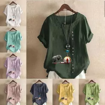 Женская модная футболка с круглым вырезом и короткими рукавами с принтом слонов, повседневная хлопково-льняная рубашка с рисунком, свободная летняя блузка для отдыха, топы S розовый