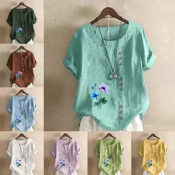 Женская модная футболка с круглым вырезом и коротким рукавом, повседневная хлопковая льняная рубашка с графическим принтом, свободная летняя блузка с цветочным принтом, топы S розовый