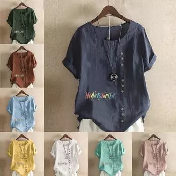 Женская модная футболка с круглым вырезом и коротким рукавом с цветным принтом и буквами, повседневная хлопковая льняная рубашка с рисунком, свободная летняя блузка для отдыха, топы S розовый