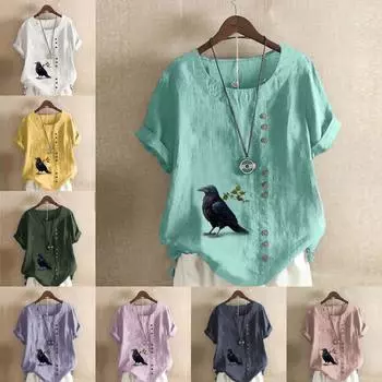 Женская модная футболка с круглым вырезом и коротким рукавом, повседневная рубашка из хлопка и льна с рисунком, свободная летняя блузка с принтом воронья, топы S розовый