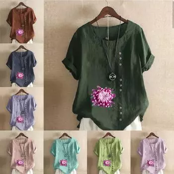 Женская модная футболка с круглым вырезом и коротким рукавом, повседневная хлопковая льняная графическая рубашка с цветочным принтом, летняя блузка, топы S розовый