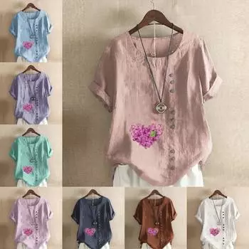 Женская модная футболка с круглым вырезом и коротким рукавом, повседневная хлопковая льняная рубашка с рисунком, свободная летняя блузка с принтом в форме сердца для отдыха, топы S розовый
