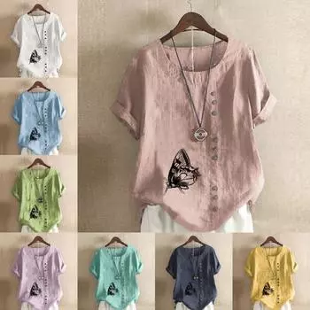 Женская модная футболка с круглым вырезом и коротким рукавом с принтом бабочки, повседневная хлопково-льняная рубашка с рисунком, свободная летняя блузка для отдыха, топы S розовый