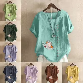 Женская модная футболка с круглым вырезом и короткими рукавами с принтом слонов, повседневная хлопково-льняная рубашка с рисунком, свободная летняя блузка для отдыха, топы S розовый