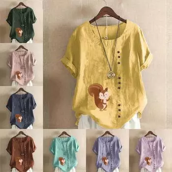 Женская модная футболка с круглым вырезом и коротким рукавом с принтом белки, повседневная рубашка из хлопка и льна с рисунком, свободная летняя блузка для отдыха, топы S розовый