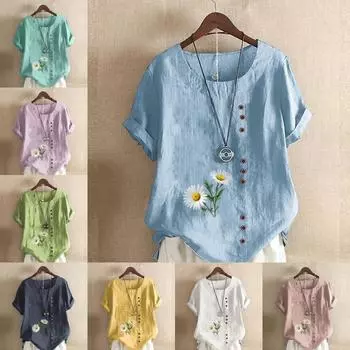 Женская модная футболка с круглым вырезом и коротким рукавом, повседневная хлопковая льняная рубашка с рисунком, свободная летняя блузка с цветочным принтом для отдыха, топы S розовый