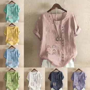 Женская модная футболка с круглым вырезом и коротким рукавом с радужным принтом, повседневная хлопково-льняная рубашка с рисунком, свободная летняя блузка для отдыха, топы S розовый