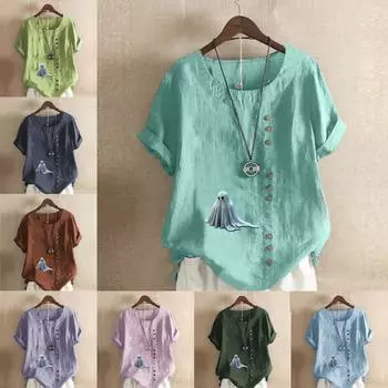 Женская модная футболка с круглым вырезом и коротким рукавом, повседневная рубашка из хлопка и льна с рисунком, свободная летняя блузка с принтом «призрак», топы S розовый