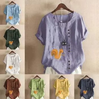 Женская модная футболка с круглым вырезом и коротким рукавом, повседневная рубашка из хлопка и льна с рисунком, свободная летняя блузка с принтом белки, топы S розовый