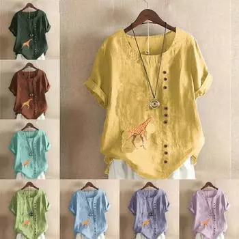 Женская модная футболка с круглым вырезом и коротким рукавом, повседневная хлопковая льняная рубашка с принтом жирафа, летняя блузка, топы S розовый