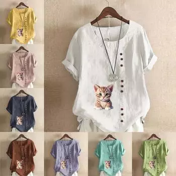 Женская модная футболка с круглым вырезом и короткими рукавами, повседневная хлопково-льняная рубашка с рисунком, летняя блузка с принтом кота, топы, большие размеры S розовый